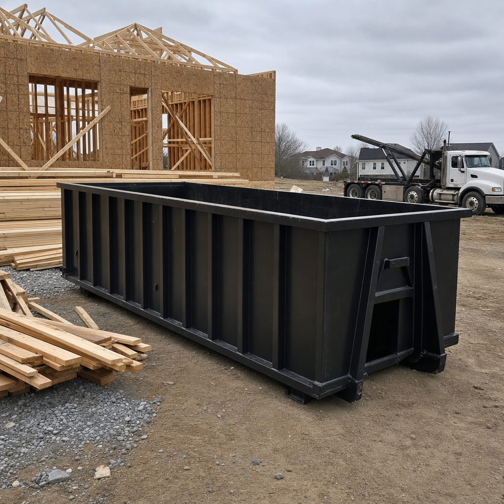 Matte-black 40-yard roll-off dumpster staged on a framed-out residential construction site in Mobile, framing lumber stacked nearby, hooklift delivery truck visible in the background under bright Colorado daylight