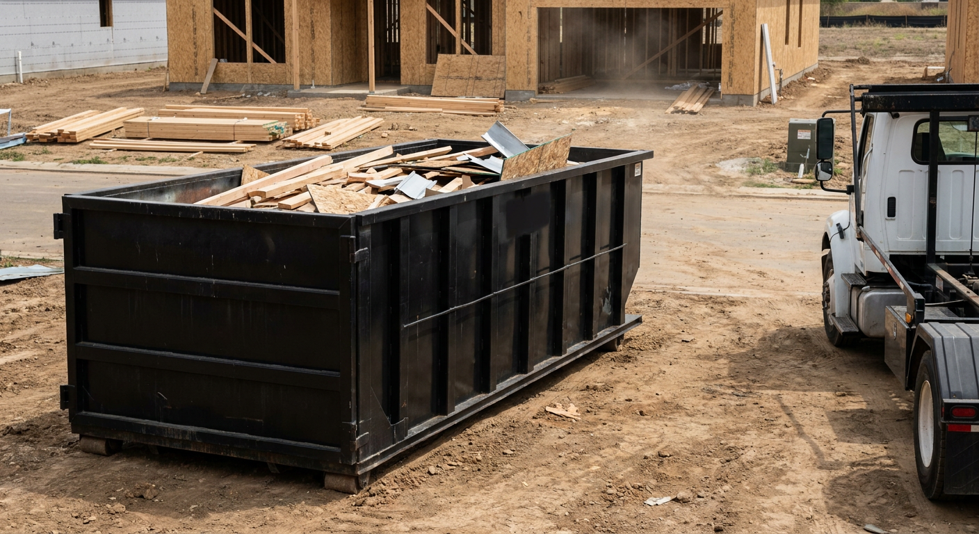 Matte-black 20-yard roll-off construction dumpster with heavy ribbed steel sidewalls and swing rear doors at a working jobsite in Mobile, sitting directly on compacted dirt with an unmarked white hauler partially visible at the far edge of the frame.
