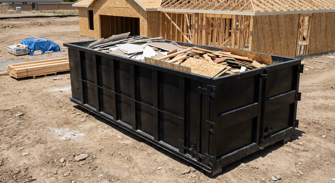 Matte-black 30-yard roll-off construction dumpster sitting directly on the compacted-dirt site of a framed single-family home build in Mobile, drywall and lumber scrap loaded inside.