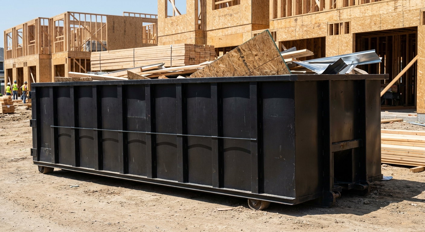 Matte-black 40-yard roll-off construction dumpster being lowered from a white-cab hooklift delivery truck onto the compacted-dirt jobsite at a commercial build site in Mobile