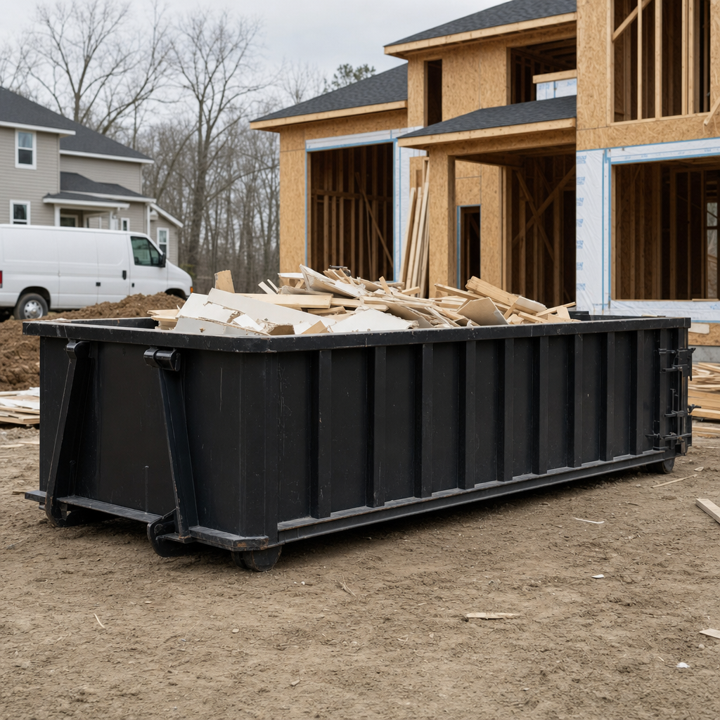 Worker in a yellow high-visibility vest tossing framing lumber and broken drywall into a matte-black 30-yard construction roll-off dumpster on an active build site in Mobile, bright daylight