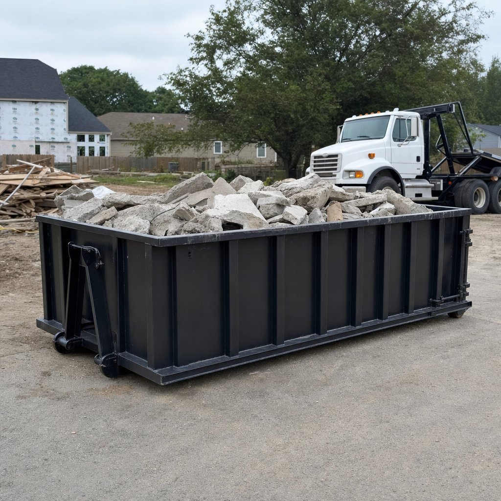 Low-profile matte-black lowboy roll-off dumpster loaded with broken concrete slab and rebar at a foundation tear-out in Mobile, skid steer parked beside it, sunny Colorado morning
