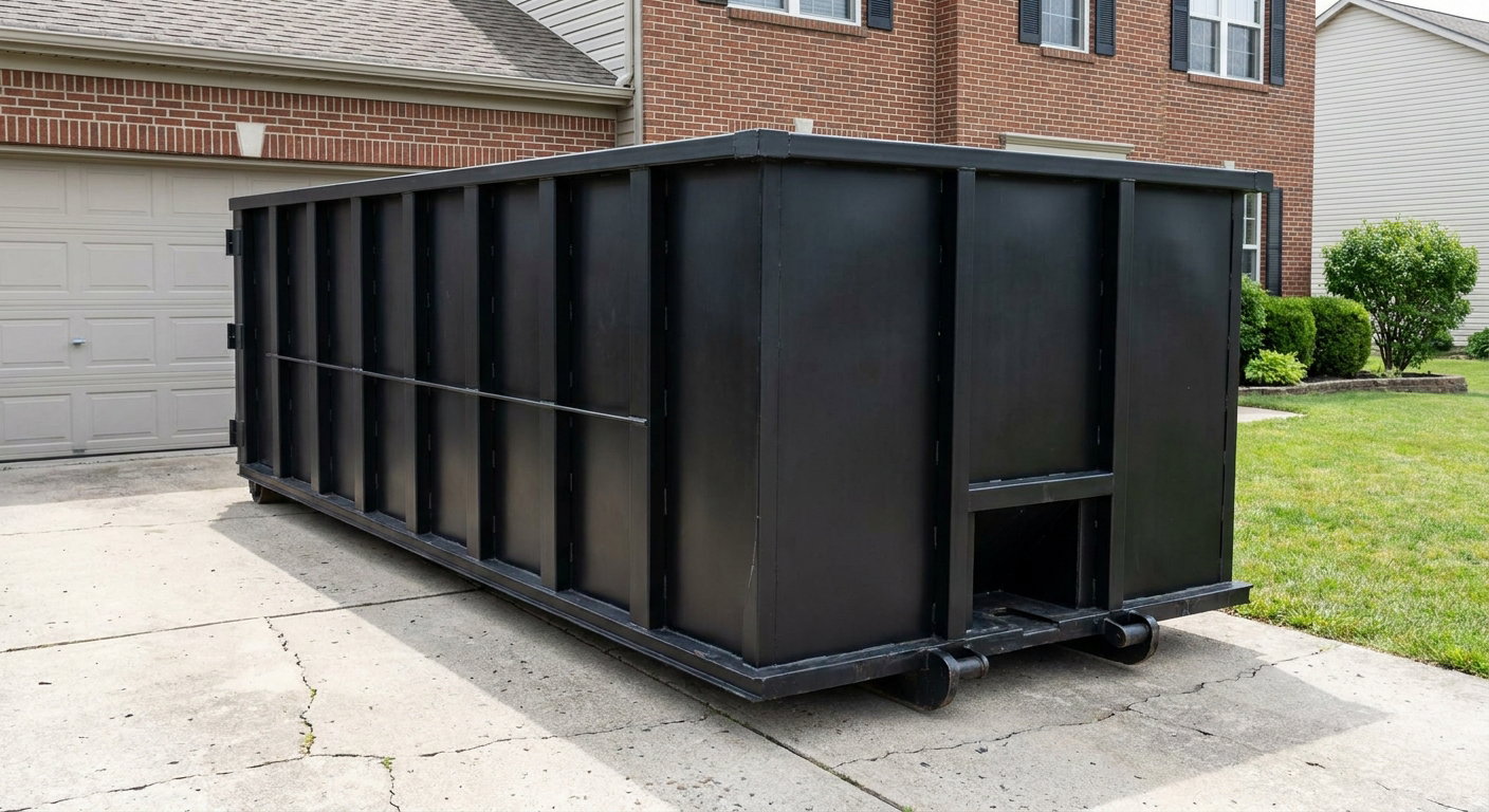 Matte-black 20-yard roll-off container on a Mobile residential concrete driveway with reinforced ribbed steel sidewalls and a hinged rear walk-in door, clean bright daylight.