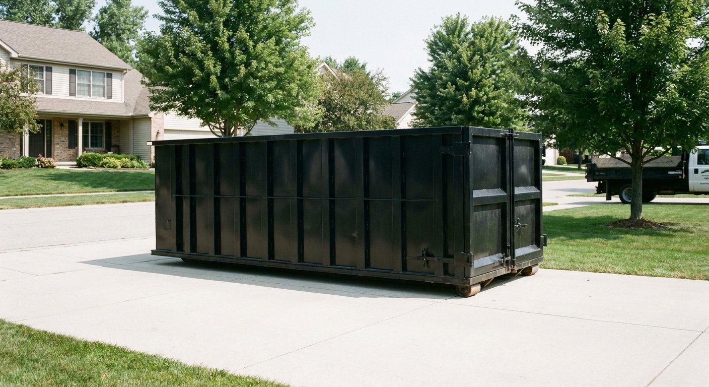 Matte-black 20-yard roll-off dumpster sitting level on a clean Mobile residential concrete driveway under bright daylight, demonstrating clean placement directly on the concrete.