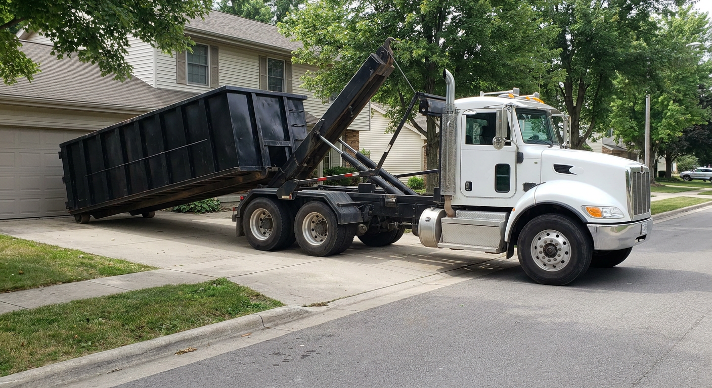 White-cab hooklift roll-off truck actively lowering a matte-black dumpster onto a Mobile residential concrete driveway, the dumpster's rear wheels touching the driveway as the hoist arm tilts the bed forward, mid-morning daylight.