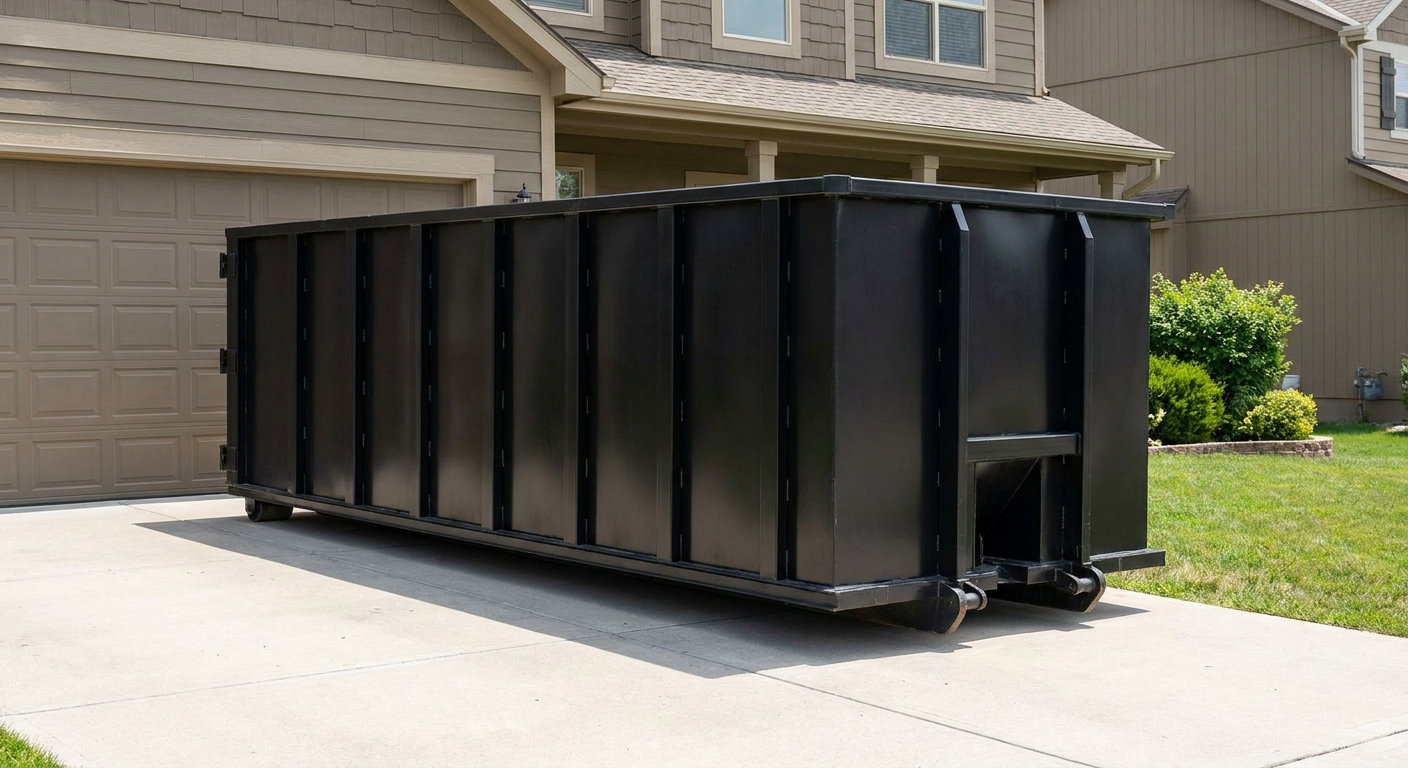 Matte-black residential roll-off dumpster sitting directly on a suburban Mobile concrete driveway, garage door closed, single-family home in background, bright morning daylight.