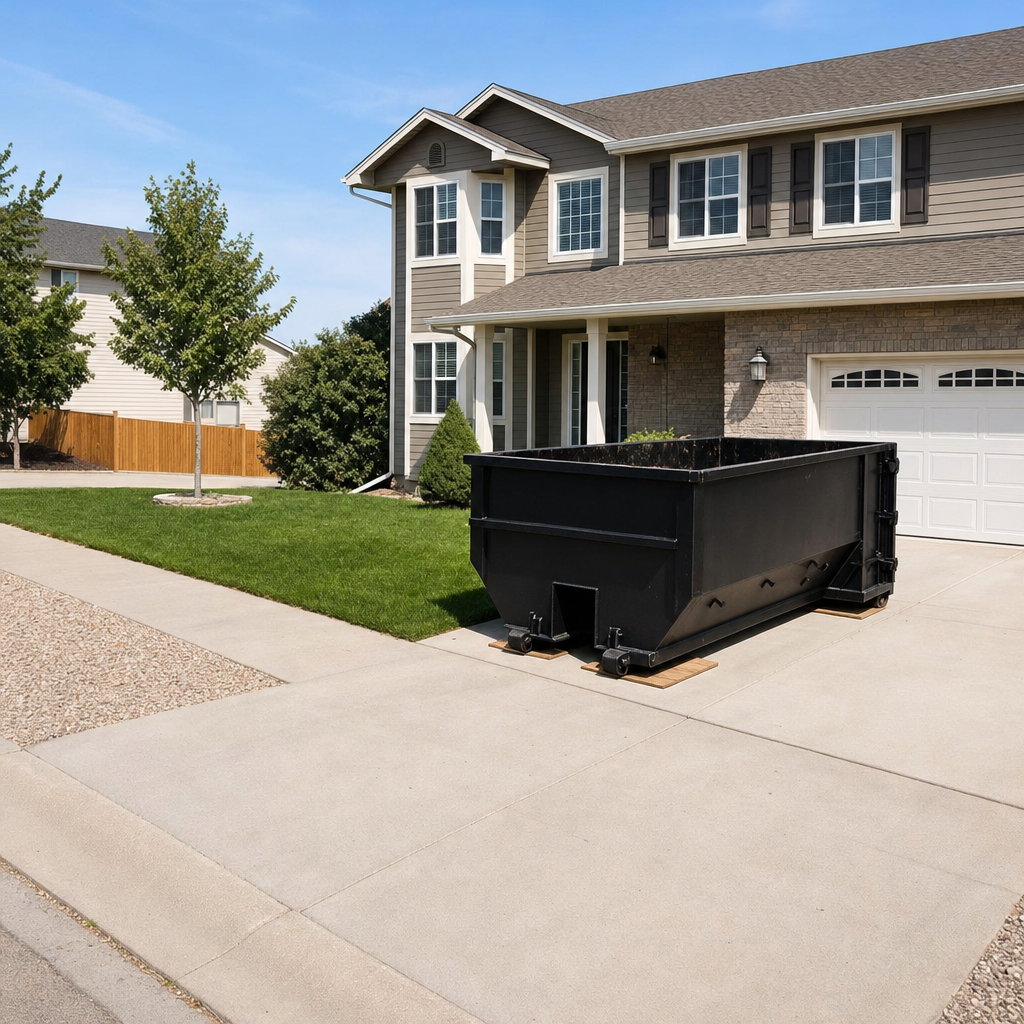 10-yard matte-black residential dumpster placed directly on a narrow Mobile concrete driveway, room remains for a parked sedan beside it, mid-morning natural light