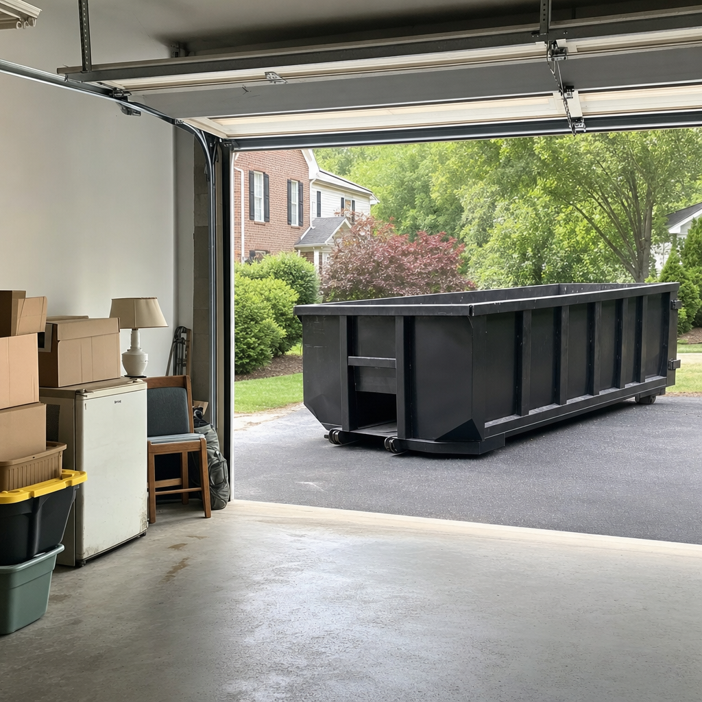Open garage interior in a Mobile home mid-cleanout — boxed items, an old appliance, and stacked yard tools queued near the driveway for a matte-black roll-off dumpster, organized and calm
