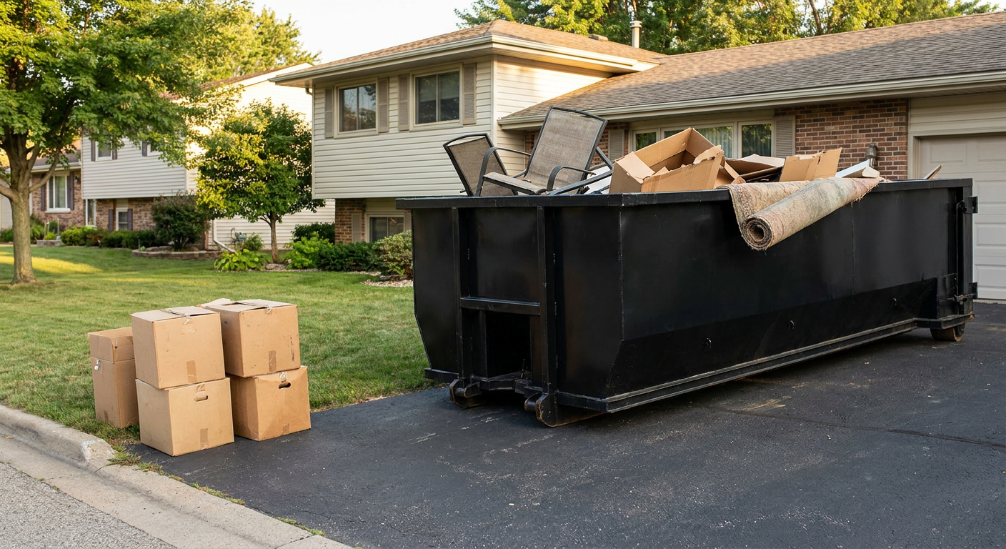Front-yard view of a Mobile split-level home with a 20-yard matte-black roll-off dumpster sitting directly on the asphalt driveway, a few clearly labeled donation boxes staged at the curb, calm sunny afternoon.