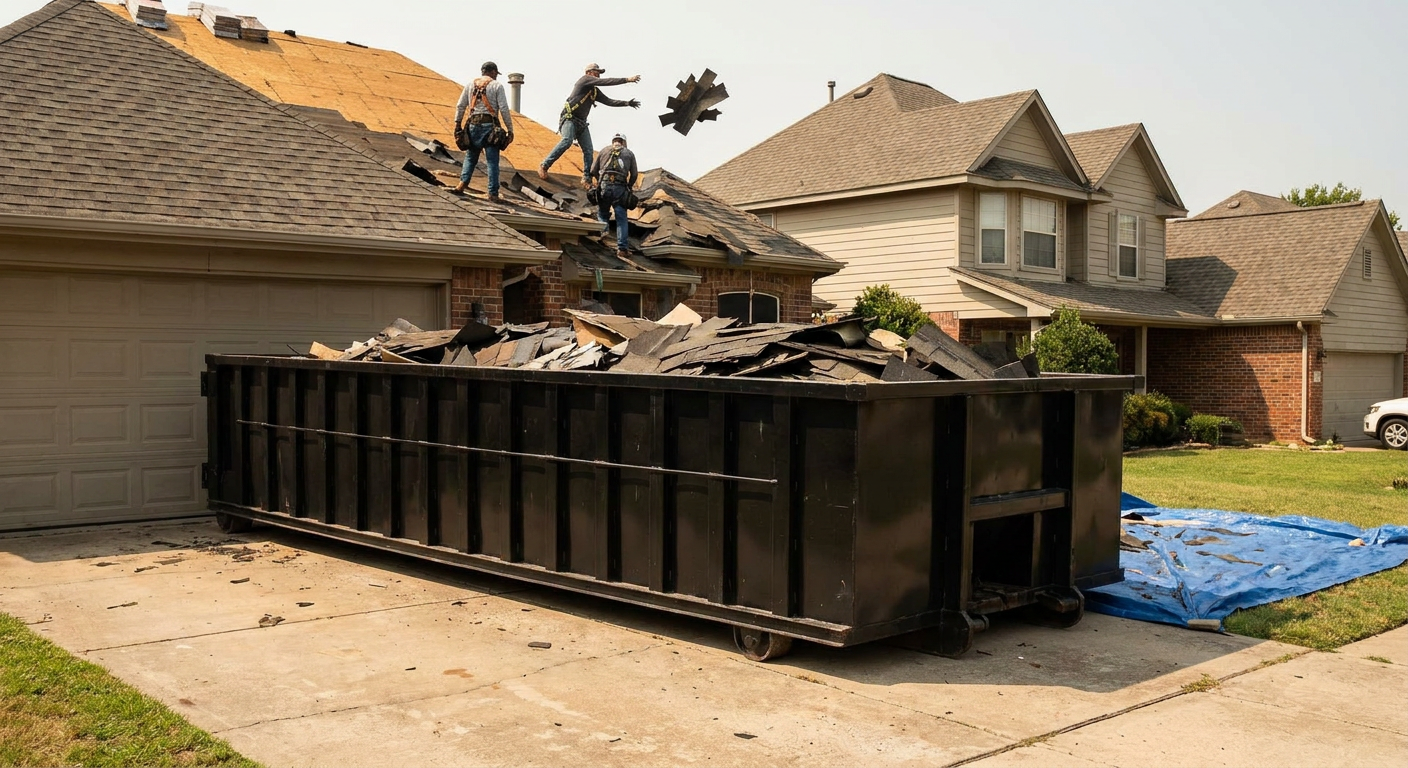 Matte-black roofing roll-off dumpster placed directly on a Mobile residential concrete driveway, a tear-off crew on a two-story asphalt-shingle roof tossing shingle bundles into the low-walled container, bright daylight, documentary 35mm perspective.