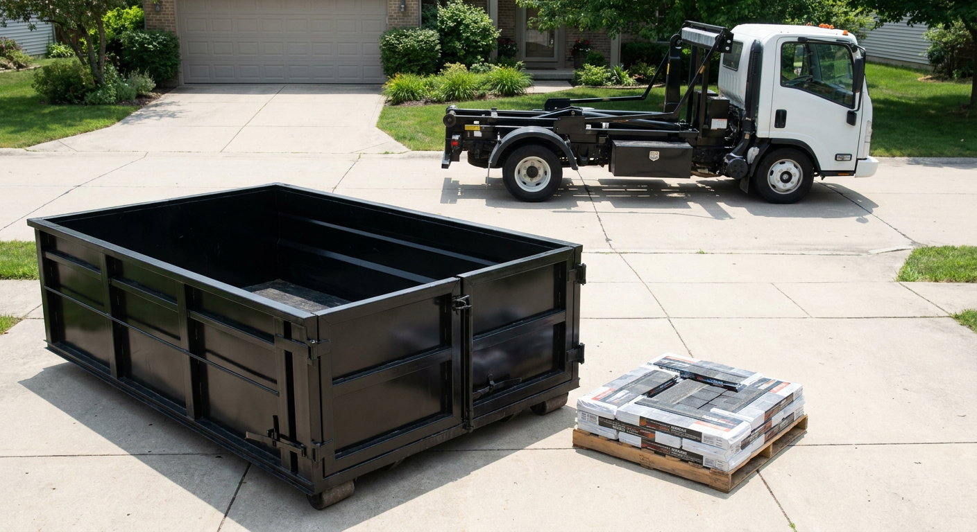 Matte-black 15-yard roofing roll-off dumpster with reinforced low side walls sitting directly on a Mobile residential concrete driveway, three-tab asphalt shingle bundles stacked nearby, an unmarked white hauler truck partially visible at the edge of the frame.
