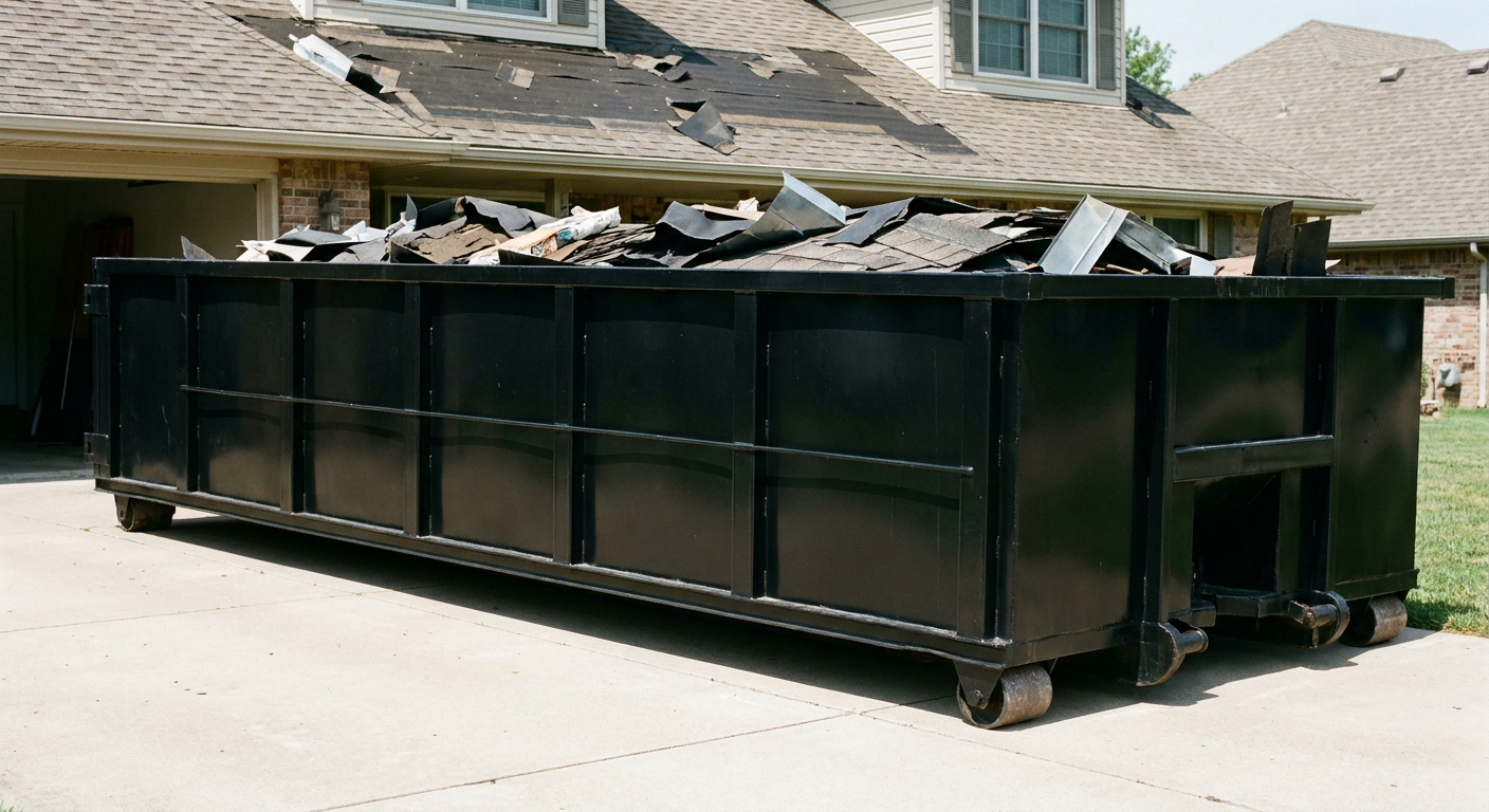 Matte-black 20-yard roofing roll-off dumpster with steel ribbed sides and swinging rear door, sitting directly on the concrete driveway of a two-story Mobile home, asphalt shingle debris being loaded over the low wall, clean documentary lighting.