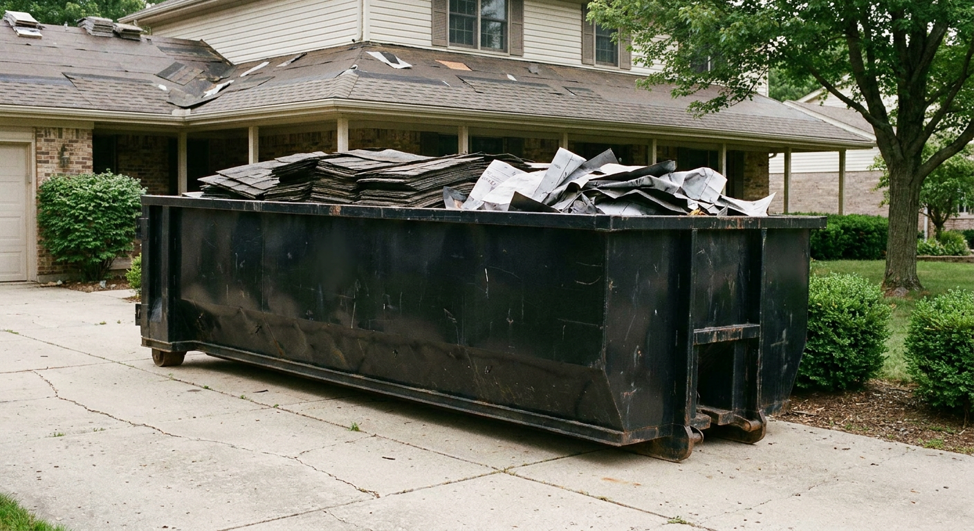 Matte-black 30-yard roofing roll-off dumpster sitting directly on a Mobile concrete driveway, taller ribbed steel side panels, mixed tear-off debris of asphalt shingles and underlayment inside, professional documentary daylight.