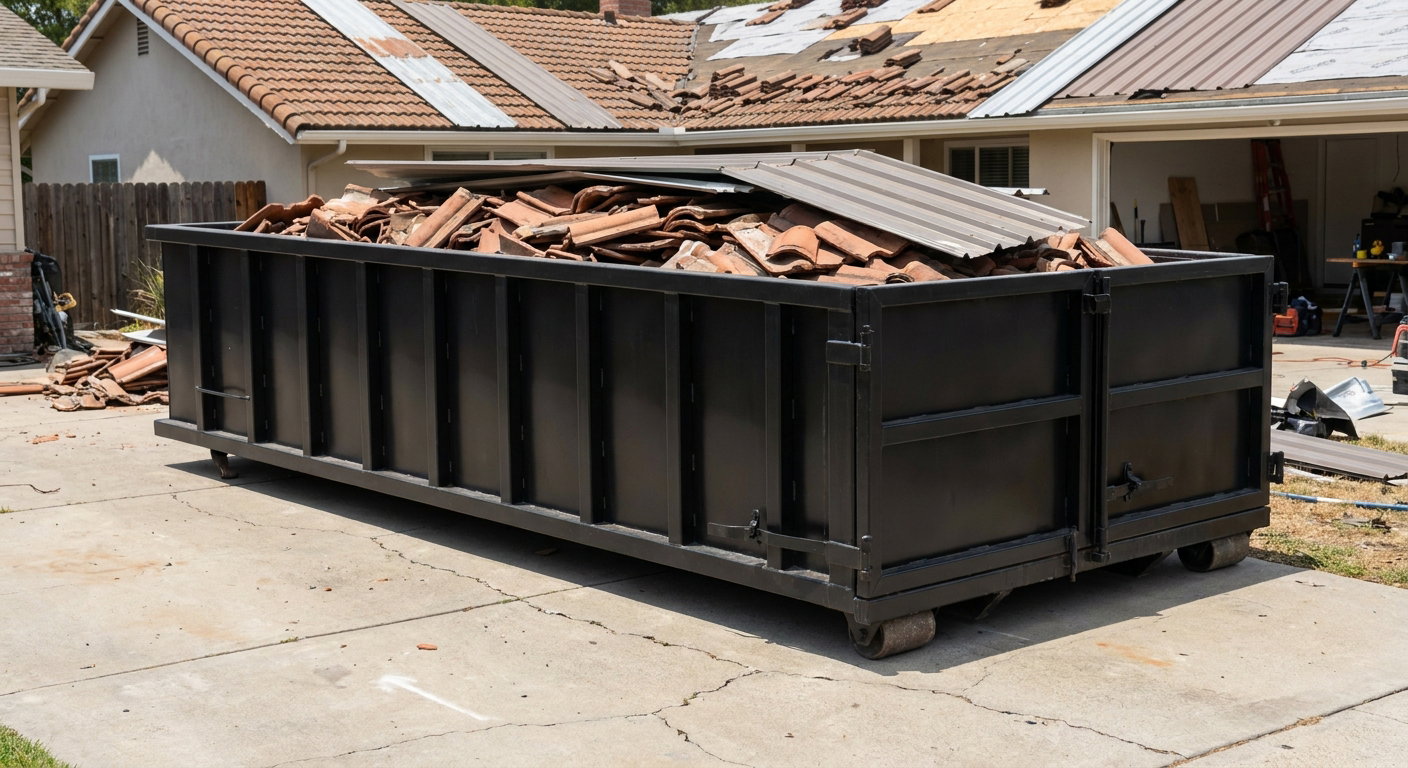Matte-black low-wall heavy-debris roofing roll-off dumpster sitting directly on a Mobile concrete driveway, broken concrete clay roof tiles and metal panel sections loaded inside, reinforced ribbed steel side walls visible, bright outdoor daylight.