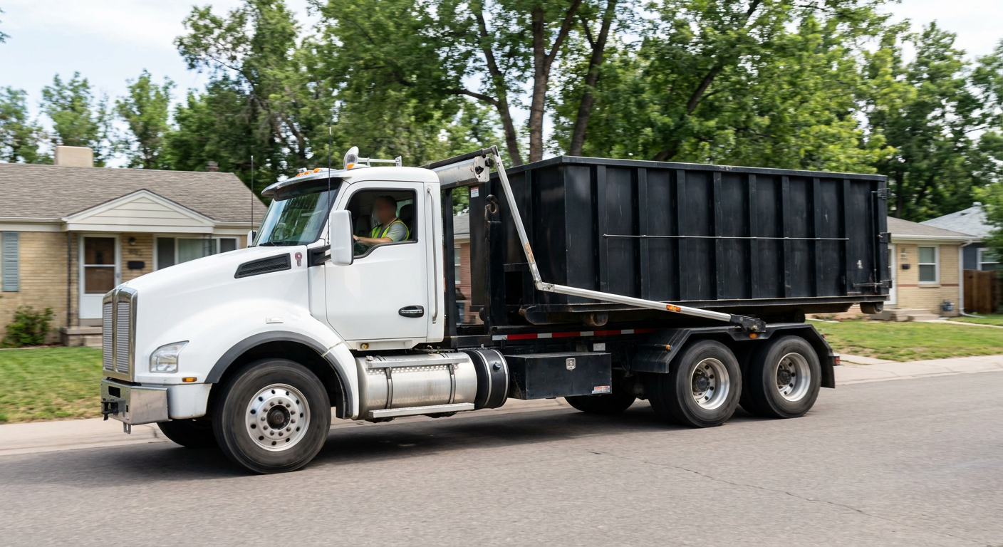 A wide documentary shot of a matte-black roll-off delivery truck pulling onto a quiet Mobile residential street at mid-morning, with neighborhood rooftops and tree-lined blocks visible behind, showing the metro coverage footprint.