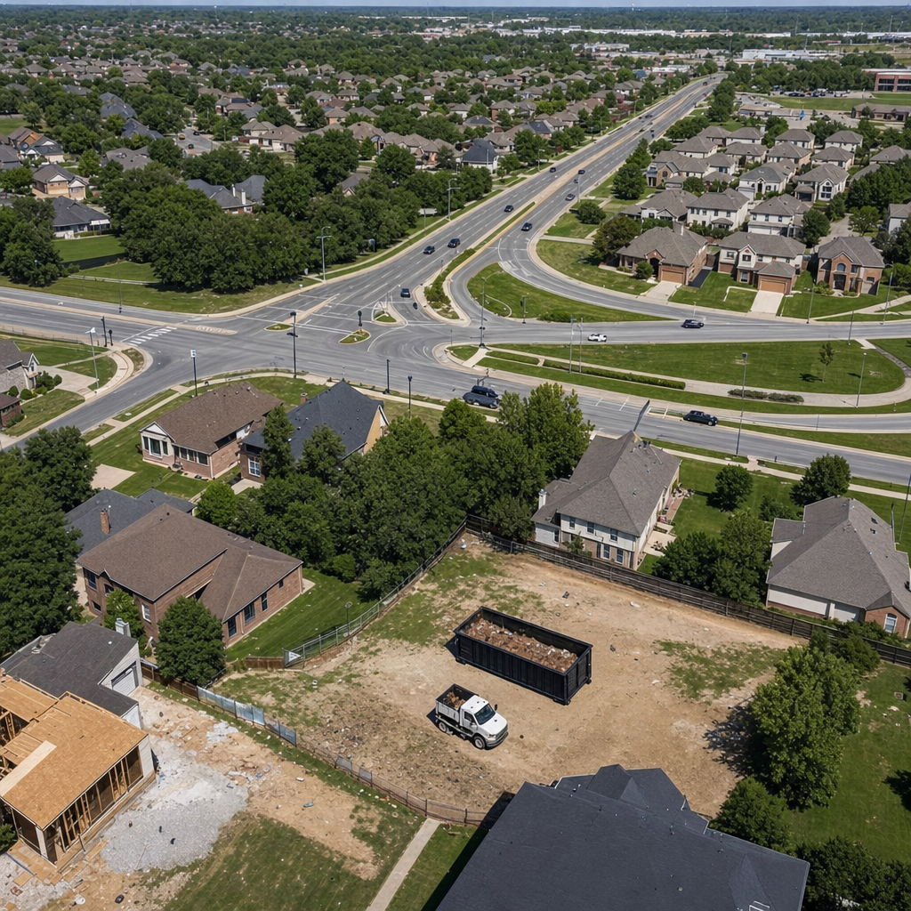 An overhead documentary view of the Mobile metro area at midday, showing the spread of neighborhoods, arterial roads, and the dispatch radius from a central yard — clean daylight, organized geographic layout.