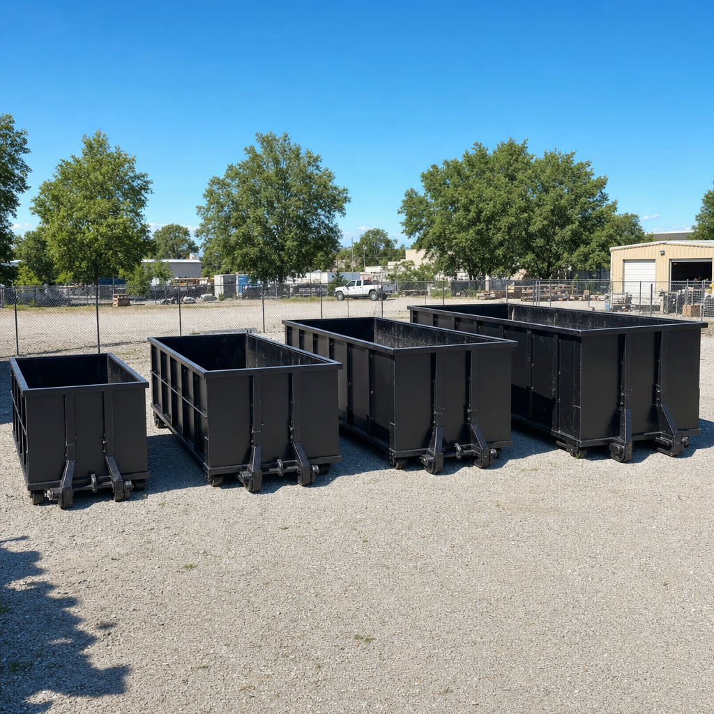 A clean lineup of matte-black roll-off dumpsters in 10, 20, 30, and 40-yard sizes staged on a sunlit gravel yard in Mobile, showing the size progression from compact to commercial-scale containers.