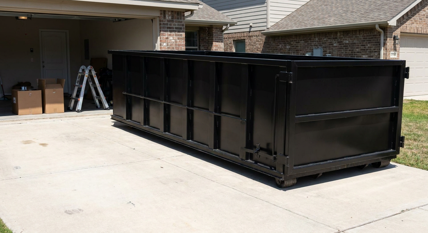 A matte-black 10-yard roll-off dumpster sitting directly on a residential Mobile concrete driveway, mid-day sunlight, clean and ready for a garage cleanout.