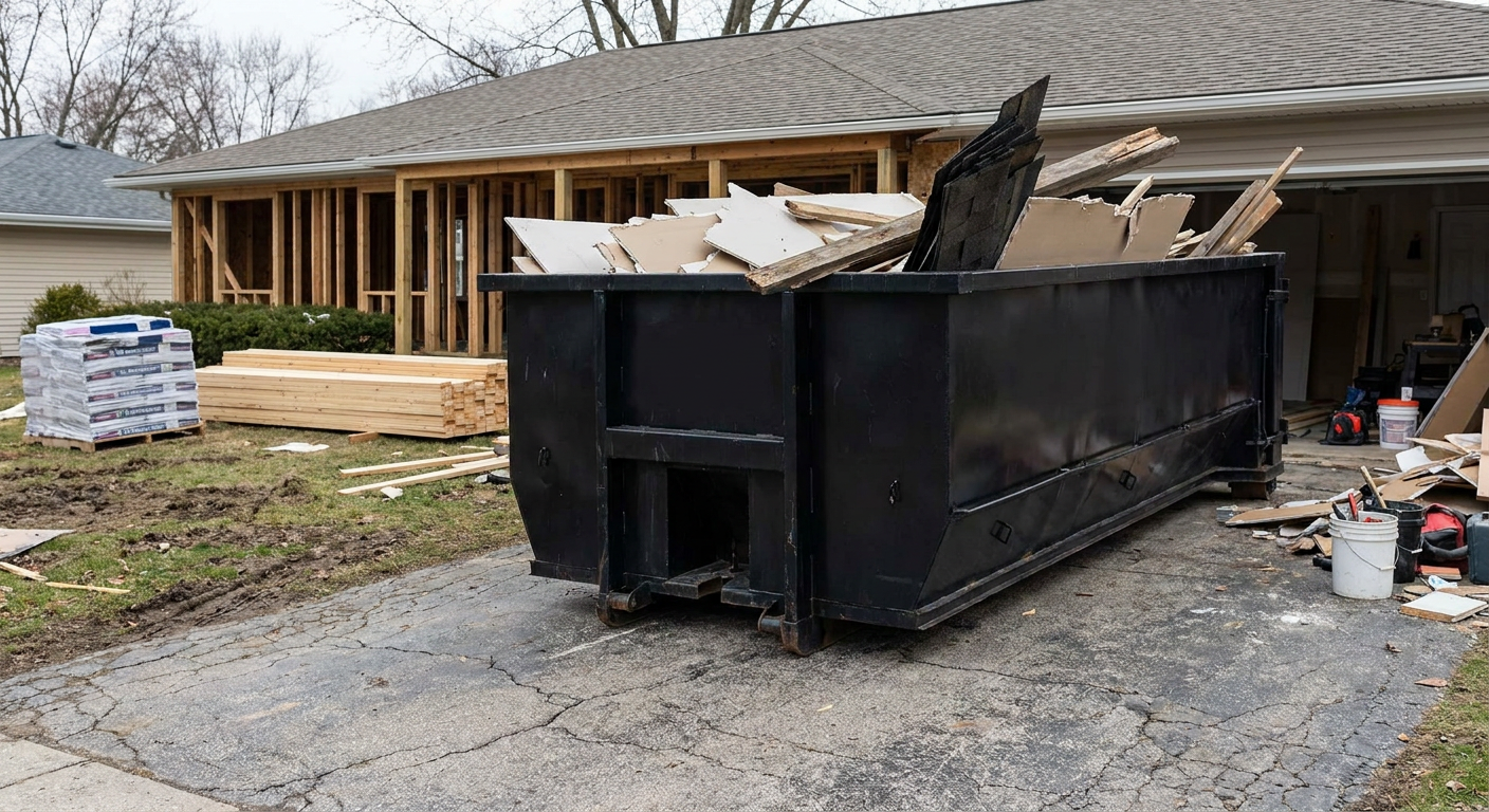 A matte-black 20-yard roll-off dumpster placed alongside a mid-renovation Mobile home directly on the asphalt driveway, with framing materials and torn-off shingles staged neatly nearby.