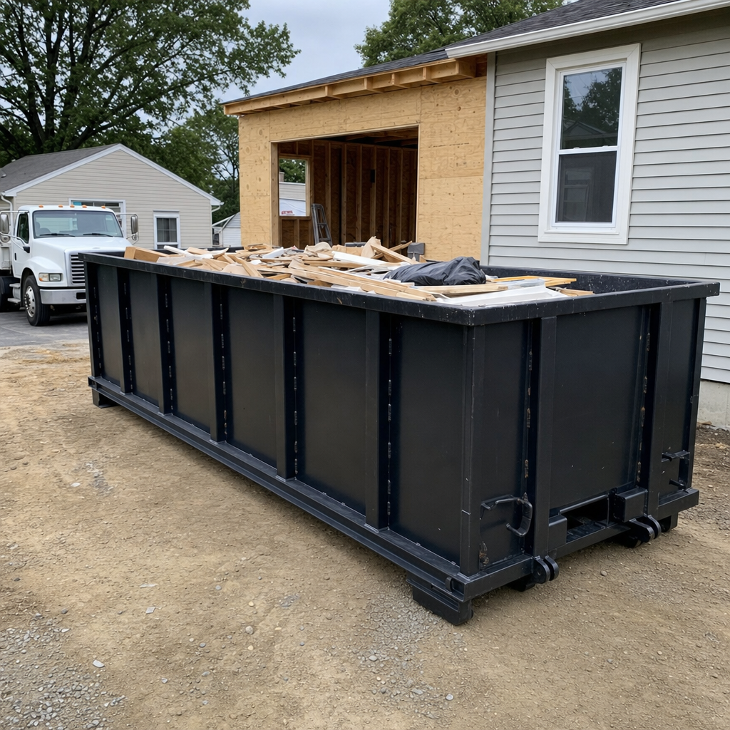 A matte-black 30-yard roll-off dumpster positioned at a Mobile residential addition jobsite, with framing lumber and drywall scraps loaded through the open swinging rear doors.