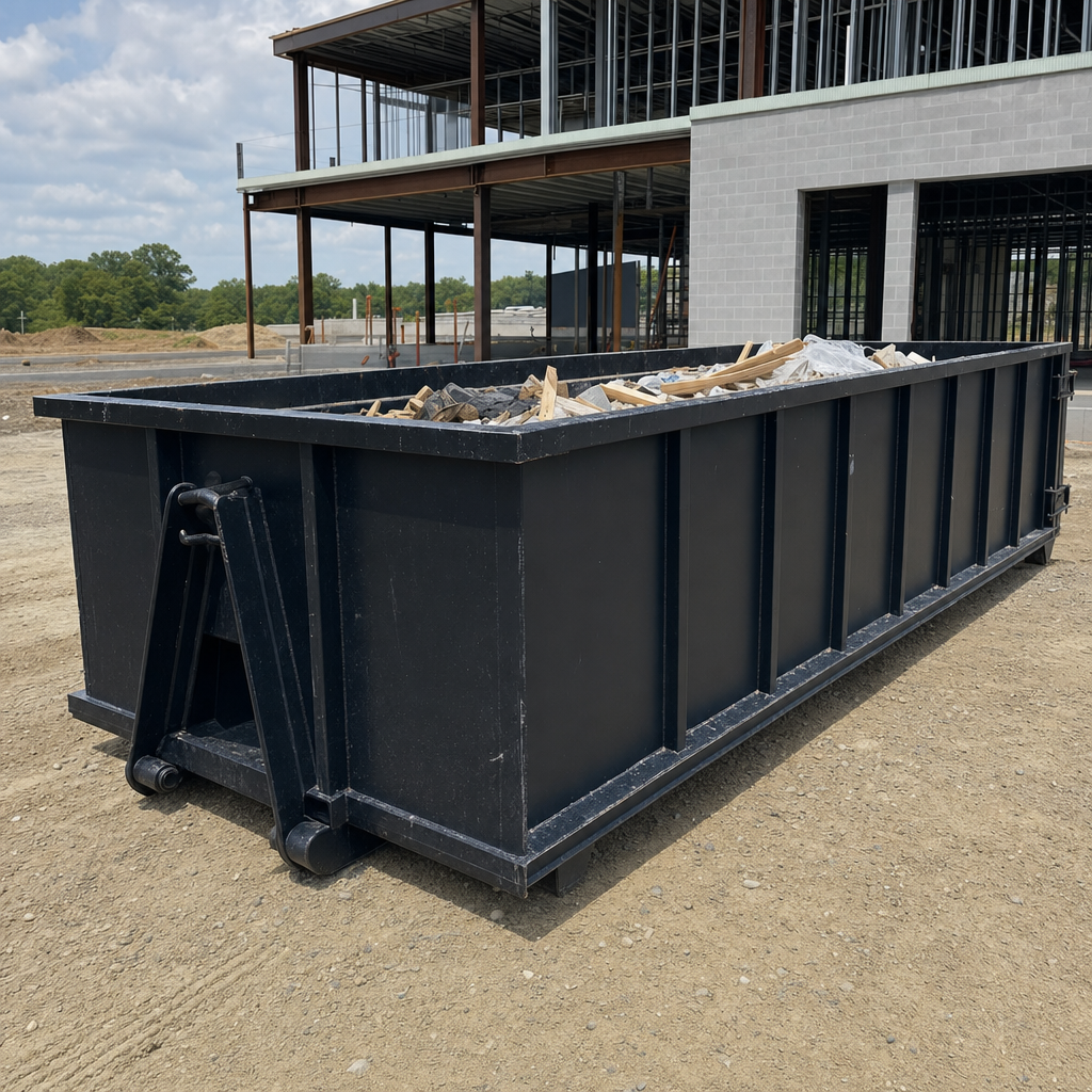 A matte-black 40-yard roll-off dumpster staged on a large Mobile commercial construction lot, with a hooklift delivery truck parked alongside under bright midday sky.