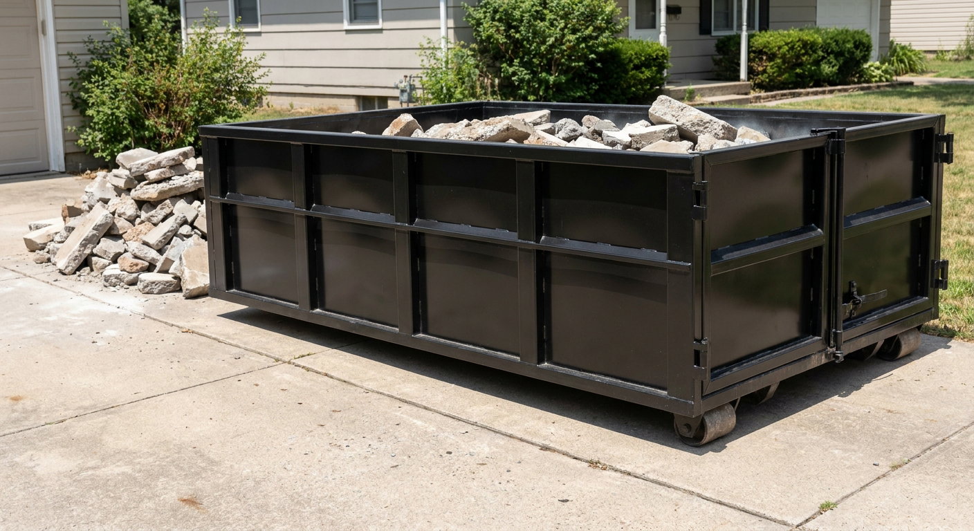 A matte-black low-side heavy-debris roll-off dumpster placed directly on a Mobile concrete driveway, with broken concrete chunks neatly stacked beside it under clean daylight.